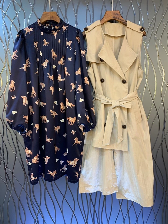

2019 Early Autumn New Woman's Doubled Neck Chest Fold Printed Long Sleeve dress + Double-row Button Dress 726