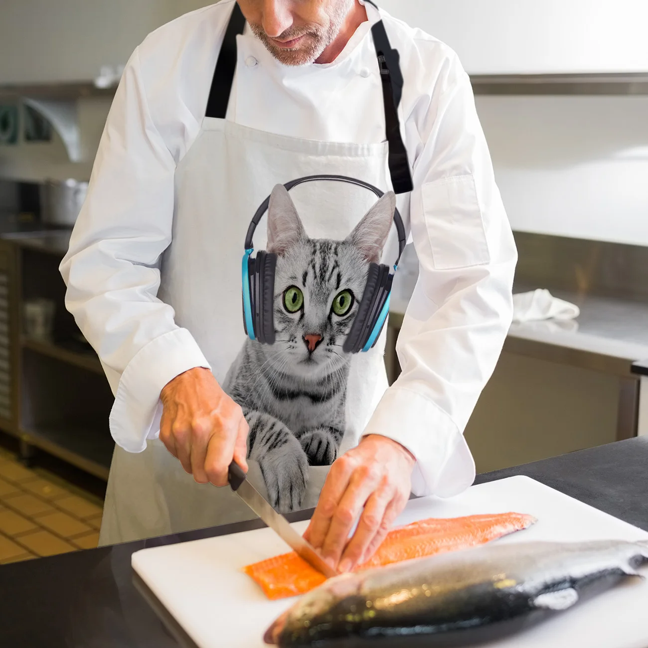 Kitchen Apron Cats Wearing Headphones Sleeveless Canvas Aprons for Men Women Home Cleaning Tools