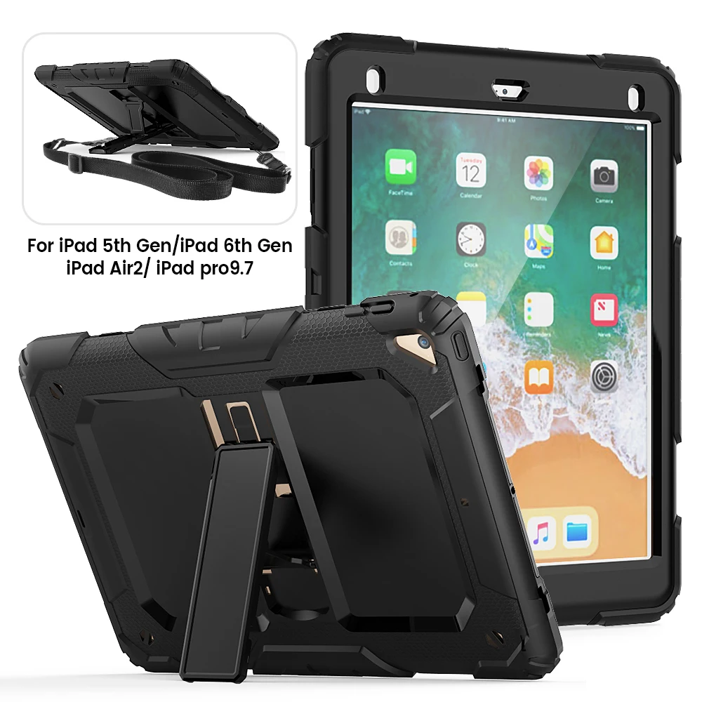 

For iPad Air 2 Case 3 Layer Heavy Duty Rugged Shockproof Silicone Strap Kickstand Case for iPad Air 2 9.7 2018 2017 Cover