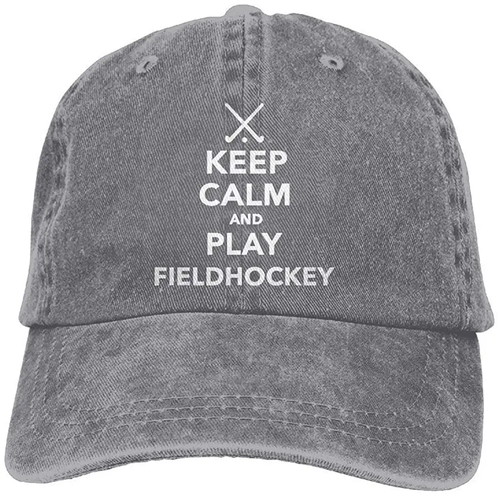 Keep Calm and Play Field Hockey Бейсболка унисекс из окрашенной джинсовой ткани с защитой от солнца