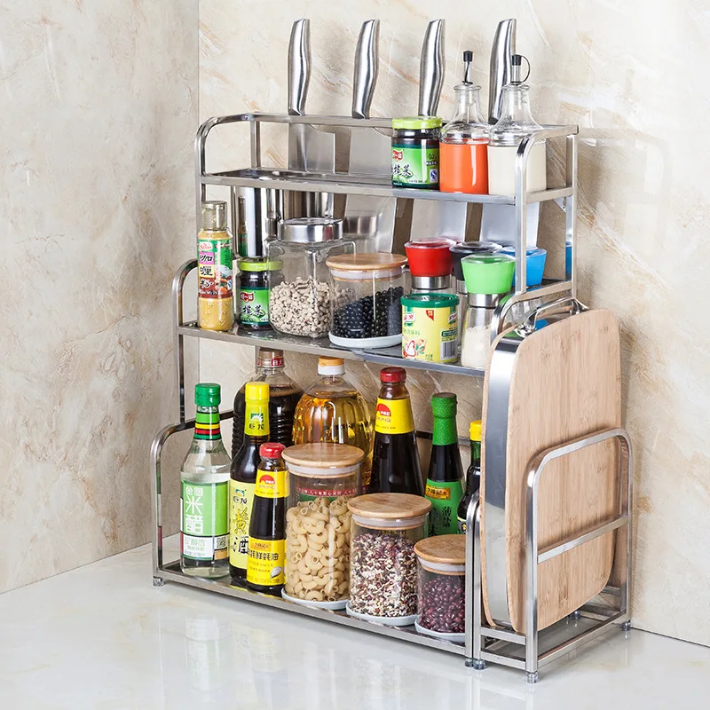 

[Special Offer] Stainless Steel Supporter Kitchen Spice Rack Three Layer Storage Spice Rack Floor Multilayer Multi-functional
