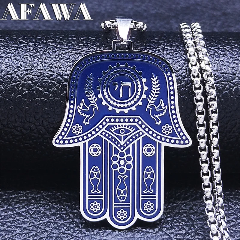 Hebrew Judaism Hexagram Jewish Stainless Steel Hamsa Hand Fish Eyes Necklaces Blue Color Hand of