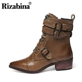 

RizaBina Ankle Boots For Women Genuine Leather New Winter Flats Shoes Women Casual Lace Up Buckle Zipper Short Boots Size 32-42