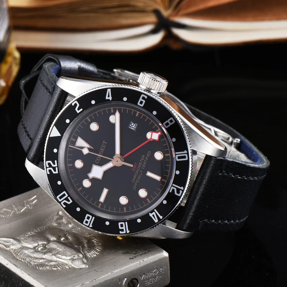 Corgeut 41 мм GMT Автоматическая черная рамка сапфировое стекло 316SS Чехол Мужские часы водонепроницаемые календарь светящиеся механические наручные часы