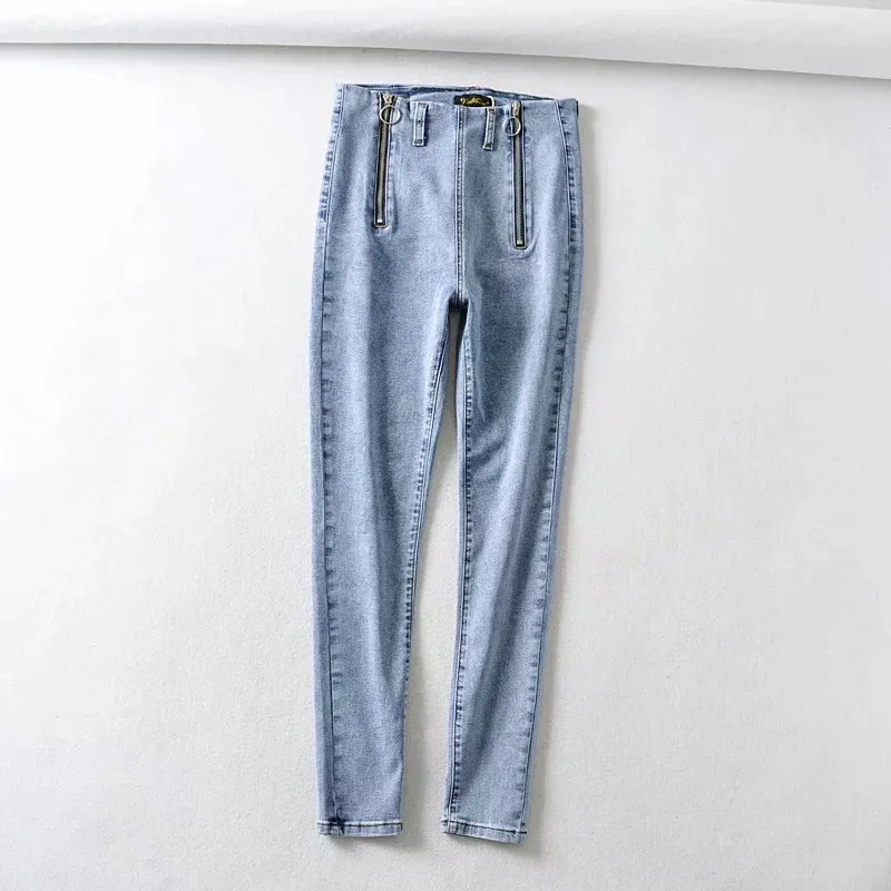 Высокая эластичность, базовые сексуальные обтягивающие джинсы для женщин, осень, стильные, высокая талия, двойная молния, узкие джинсы, женские джинсы - Цвет: light blue