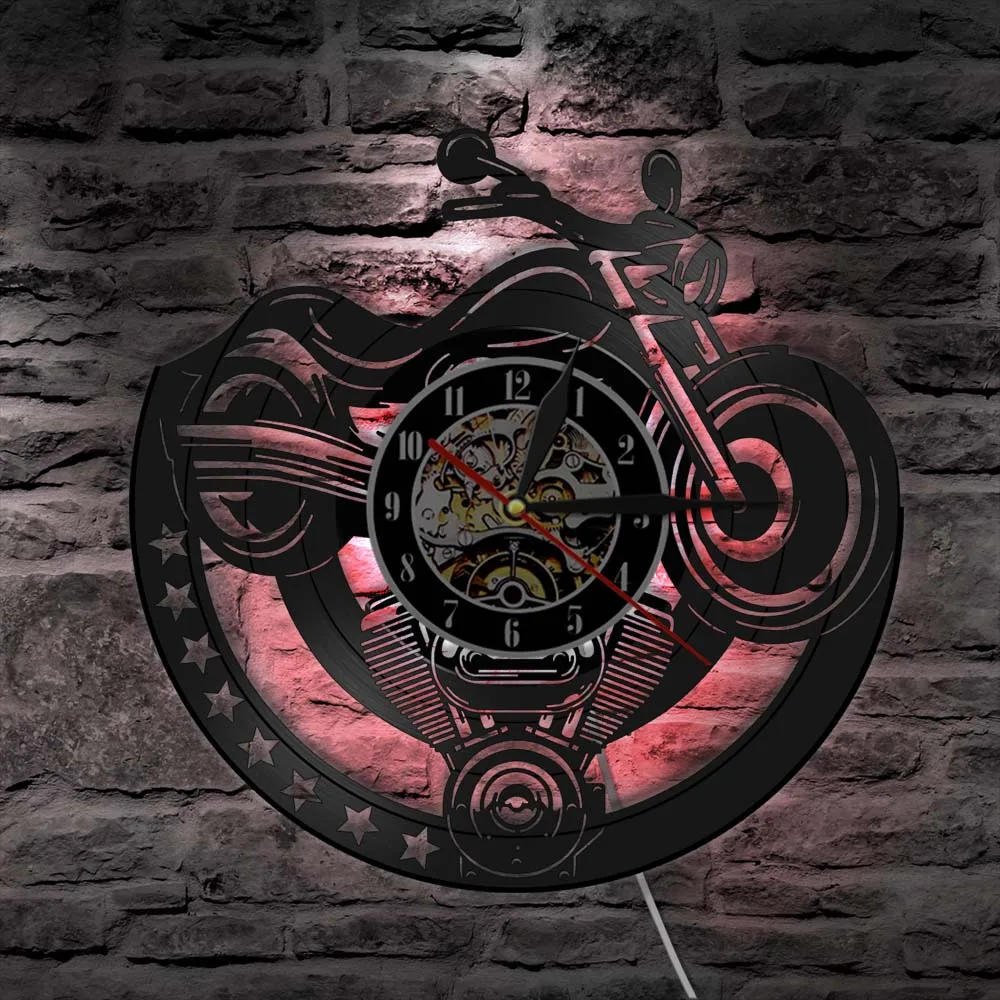 Record Wall Clock Vinyl Wall Clock Garage Motorcycle Vinyl Clock Motorbiker Man Cave Workshop Watch Wandklok with LED Backlight