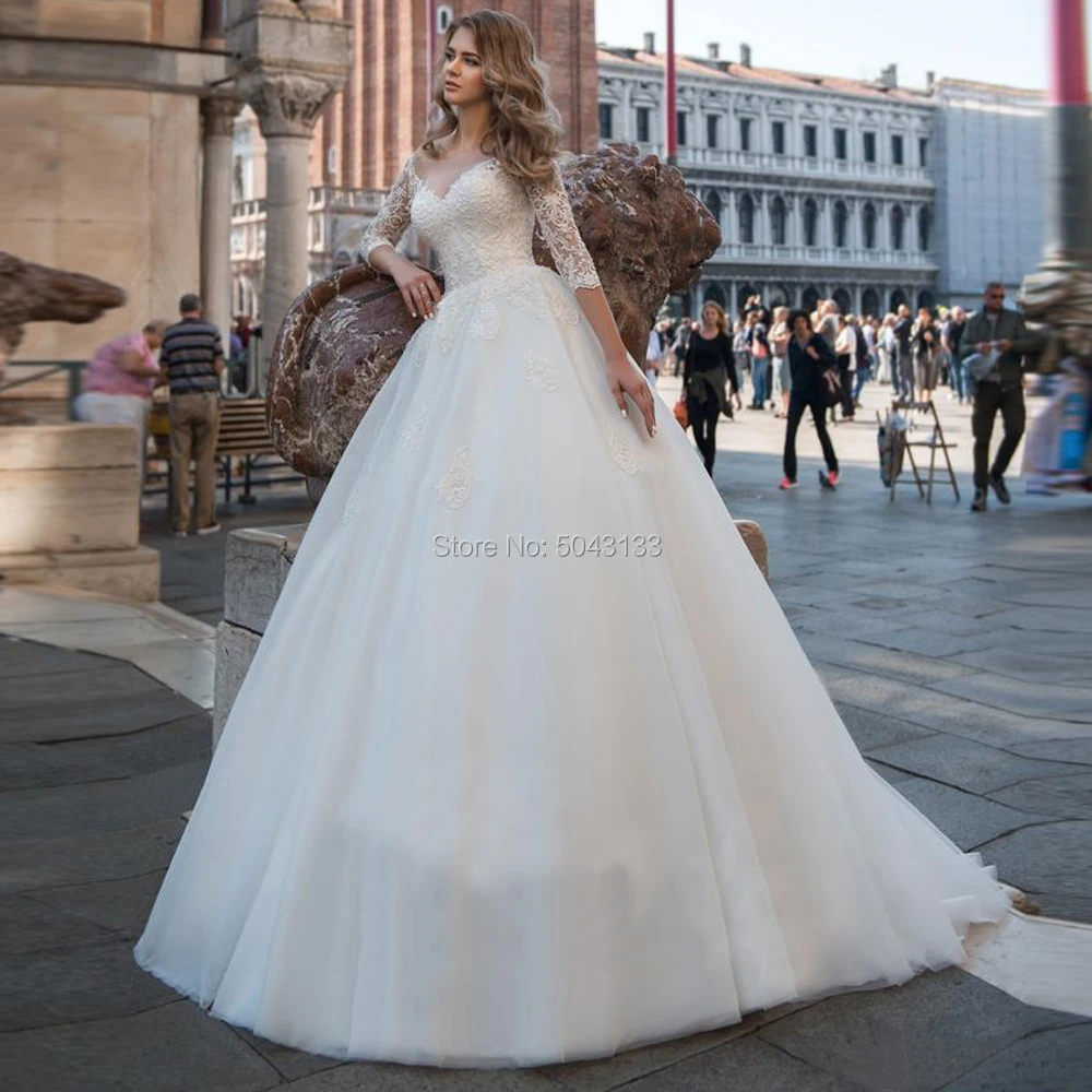 Vestido De Noiva шикарные кружевные накладные аппликации на половину рукава Свадебные платья Сексуальная Иллюзия V шеи Кружева вверх бальное платье свадебное платье