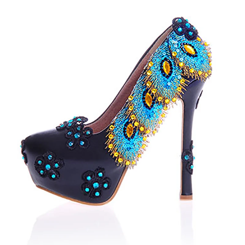 peacock heels with feathers