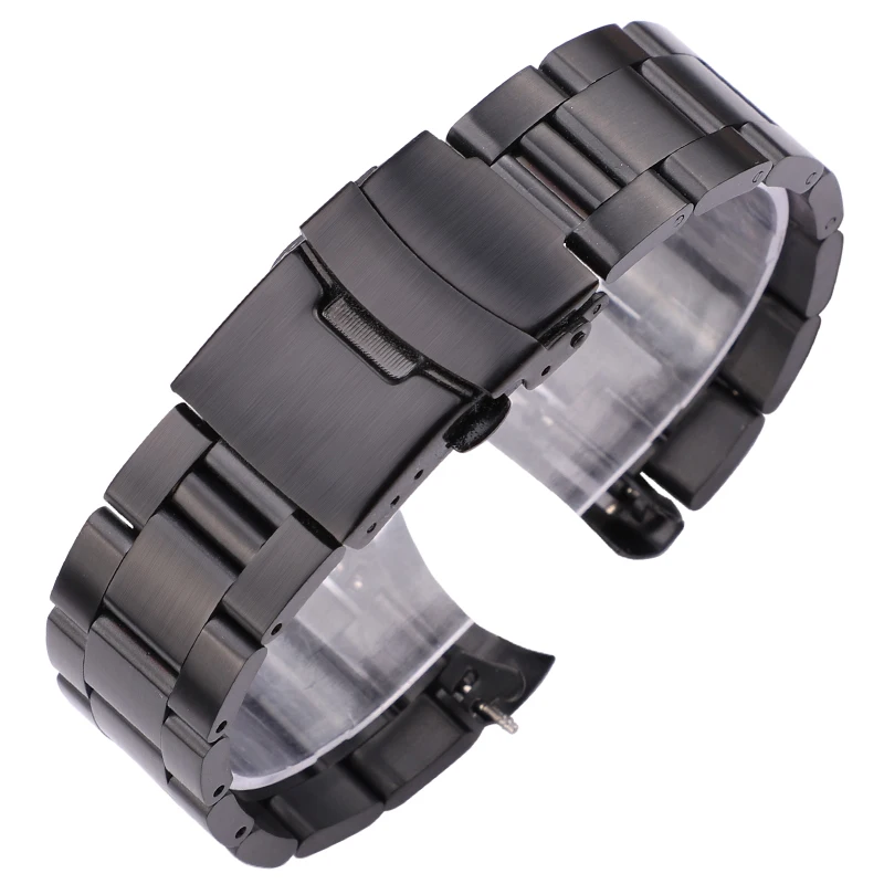 20mm 22mm Stainless Steel Watch Bracelet Silver Black Curved End