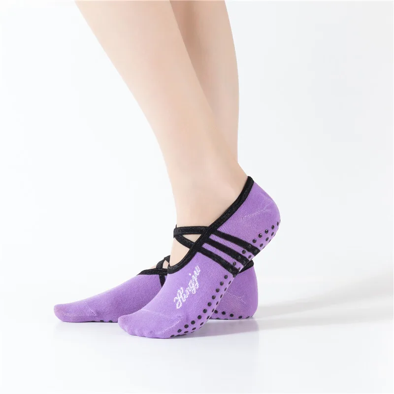 Женские носки для йоги с открытой спиной и перекрещивающимися ремешками, хлопковые силиконовые Нескользящие спортивные носки для танцев, носки для фитнеса и пилатеса - Цвет: L Purple