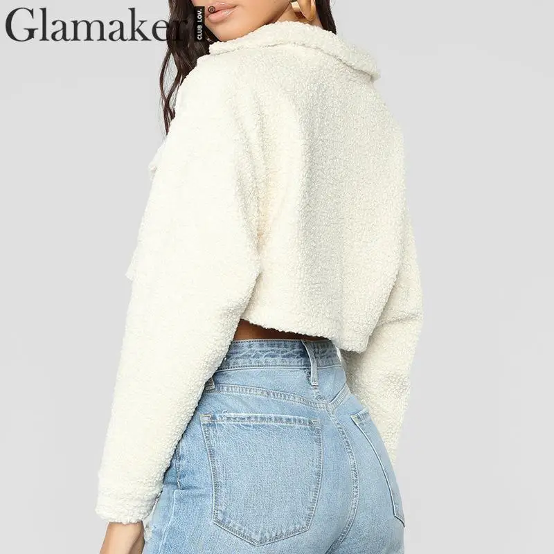 Glamaker, искусственный мех, карман, короткое, плюшевое пальто, женское, белое, зимнее, теплое, кроп, меховая куртка, сексуальная, уличная, осенняя мода, черное пальто