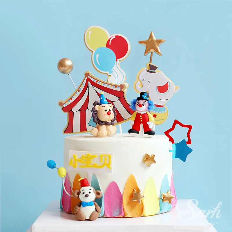 

Clay Monkey Clown Elephant Happy Birthday Decoration Hollow Star Circus Cake Topper for Baby Shower Baking Supplies Sweet Gifts