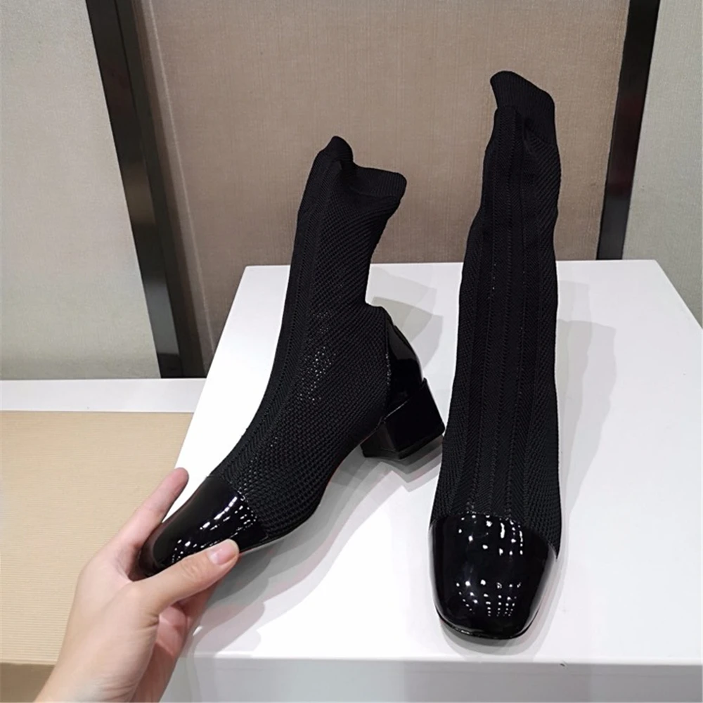Роскошные женские ботинки на среднем каблуке без застежки зимние ботинки с круглым носком на квадратном каблуке Новая модная обувь черного цвета размеры 34-40