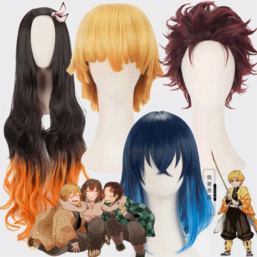 

Anime Kimetsu no Yaiba Wig Demon Slayer Tanjirou Kamado Zenitsu Agatsuma Golden Cosplay Props Halloween Cosplay Costume