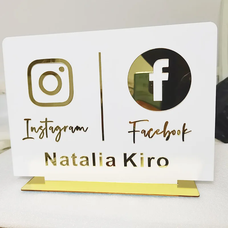 Instagram Facebook White Table Sign Personalized Mirror Gold Acrylic Laser Cut Instagram Facebook Shop Store Sign
