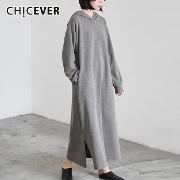 

CHICEVER Casual Dress Women Hooded Long Sleeve Loose Oversize Side Split Midi Dresses Female 2020 Spring Fashion New Clothes