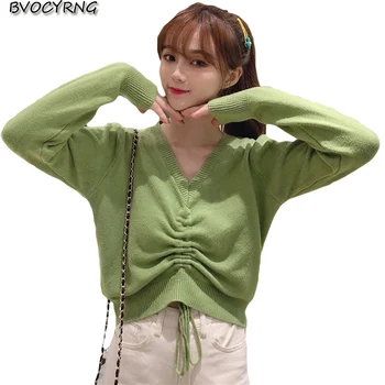 

new Fashion pullover sweater women spring autumn V-neck loose shirt long-sleeved drawstring wild sweater short sexy slim jacket