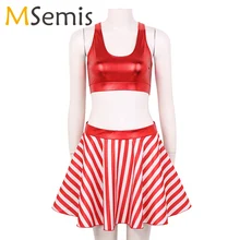  Women Rave Outfit Jazz dance clothes Christmas Fancy Dress Dance Costume Sleeveless Metallic Crop Top with Striped Circle Skirt 