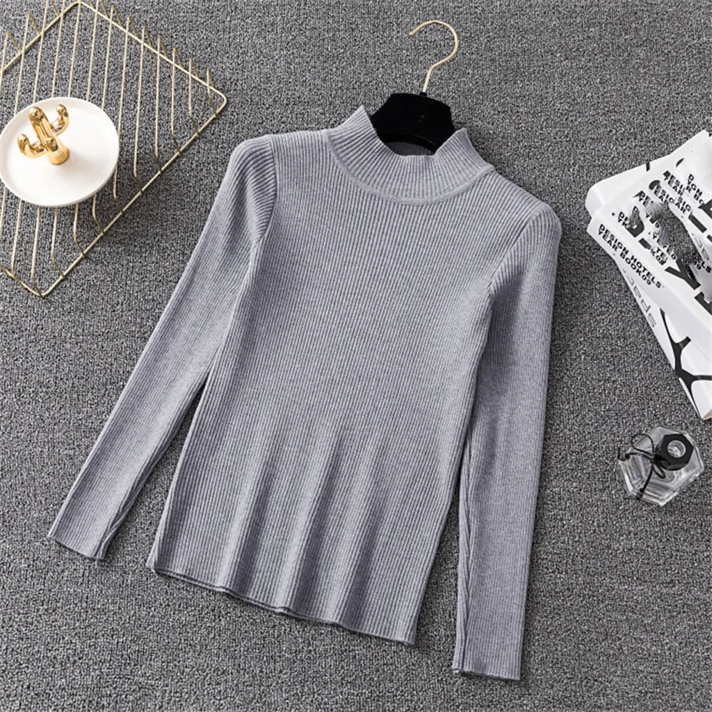 Fashion Blouse Women Top Korean Harajuku Long-sleeved Knitting Shirt  Solid Color Slim Semi-High Collar Elegant Shirts 826