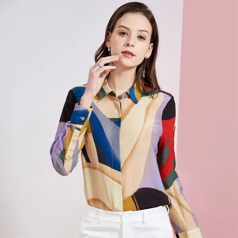 

100%real silk boulses for women high quality 2020 summer rainbow floral office shirts long sleeve casual sexy boho plus size