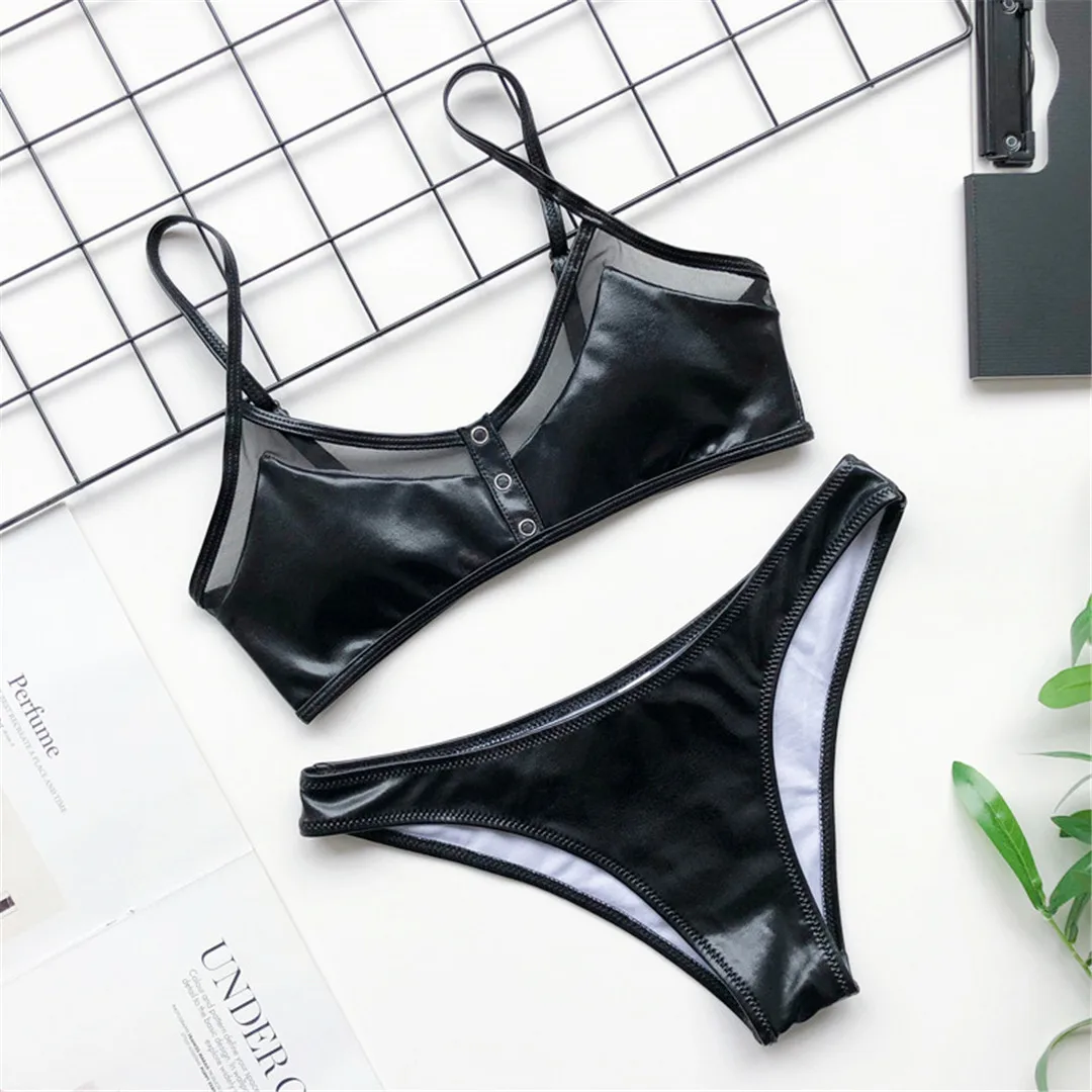 

Brazilian Bikini 2020 Swimsuit Female Swimwear Women Two-pieces Bikini Set PU Faux Leather Bather Bathing Suit Swim Wear A1835