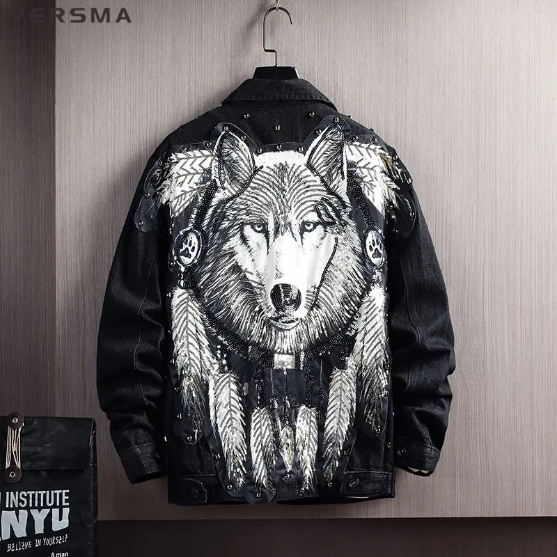 

VERSMA Japanese Vintage Wolf Sequined Denim Jacket Men Spring Streetwear Ripped Embroidery Denim Jeans Mens Jackets Dropshipping