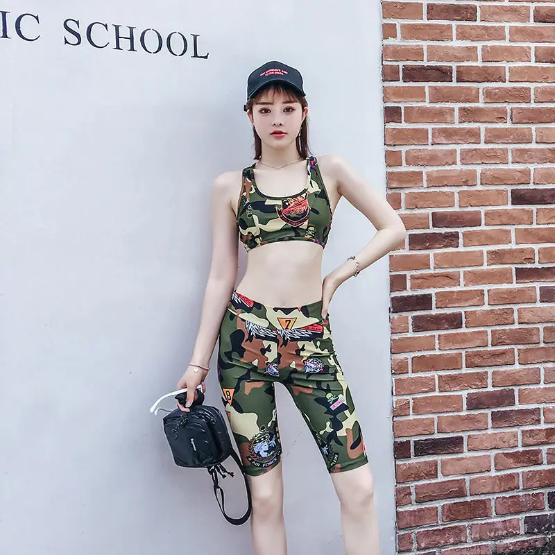 

New Style Bathing Suit Women's Split Type Sports Camouflage Three-piece Set Small Bust Conservative Belly Covering South Korea H
