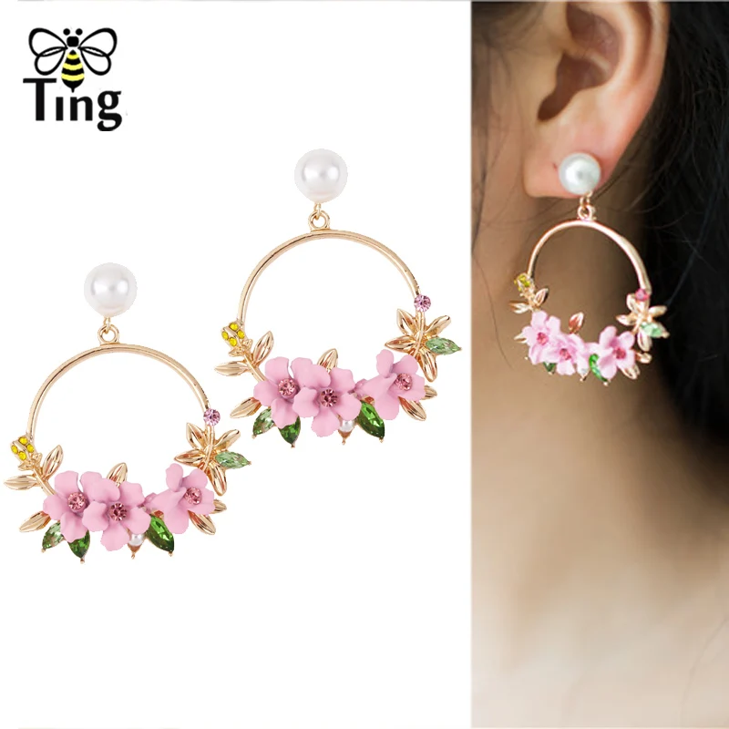 

Tingfly Fashion Trendy Sweety Girl Flower Drop Earrings GP Circle Earrings Stud Jewelry Fashion Accessory