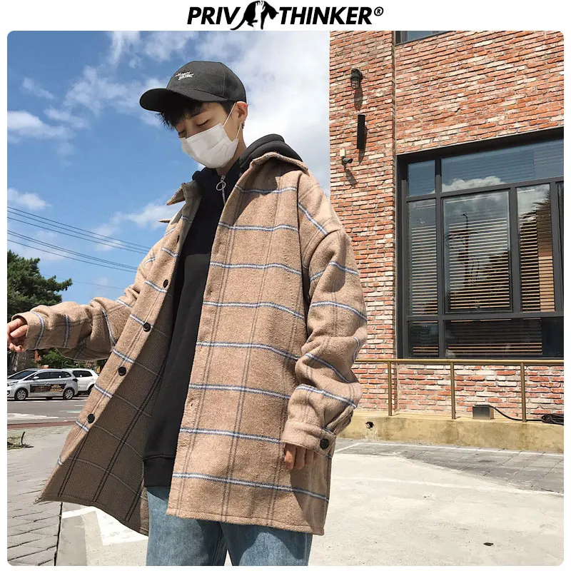 Privathinker, мужские клетчатые шерстяные куртки в стиле Харадзюку, большие размеры, мужские куртки с карманами, пальто, мужские повседневные теплые корейские зимние куртки