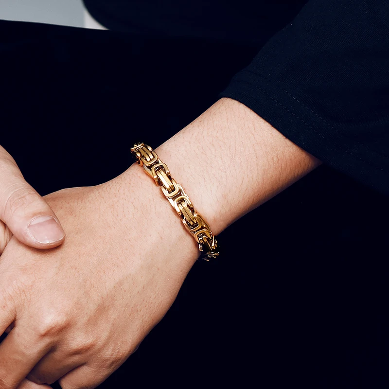 Chain Bracelet Men Stainless Steel Byzantine 16-24cm Gold Color Wrap Bangle