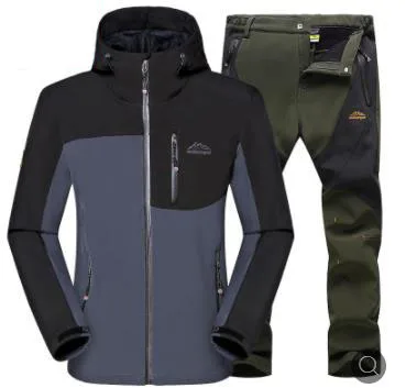 Gray Green Suit Мужская осенне-зимняя уличная Флисовая теплая флисовая куртка с капюшоном водонепроницаемая Лыжная куртка треккинг Кемпинг горная куртка брюки - Цвет: Gray Green Suit