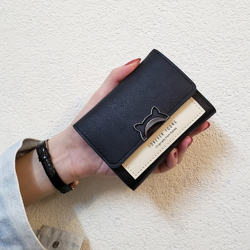 Black Милые кошельки, кожаные женские кошельки, модный короткий кошелек, студенческий кошелёк для монет держатель для карт, Дамский клатч, Маленькая женская сумочка - Цвет: Black