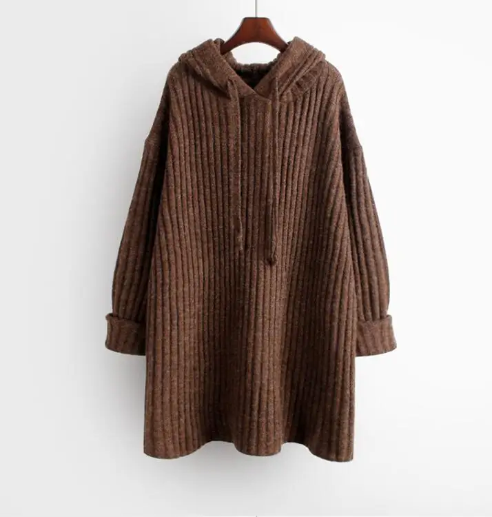 Новинка, европейский стиль, женские пуловеры, вязаный свитер с капюшоном, Осенний Однотонный женский свитер с длинными рукавами, коричневое повседневное вязаное пальто - Цвет: Brown