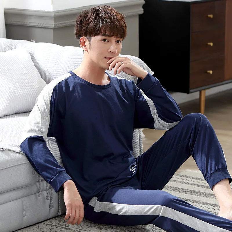 

Men Pajamas Pure Cotton Long Sleeve Spring Pullover Stripes Cotton Spring And Autumn Youth Men's Homewear Set Men's