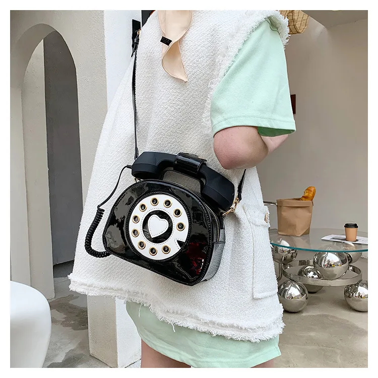 Telephone Shape Women's Purses and Handbags Pink Shoulder Crosbody Bag for Girl Patent Leather Casual Tote Bags Messenger Bag