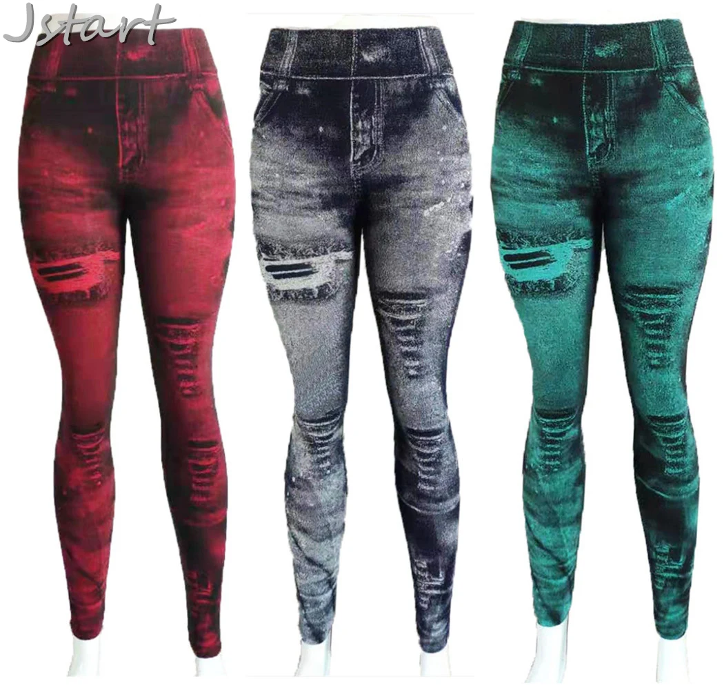 

Women Sexy Pants Super Flexible Elastic Autumn High Waist Push Up Bottom Printing Imitation Jeans Plus Size