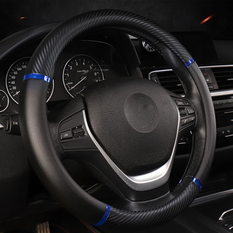 Black Blue Крышка рулевого колеса автомобиля для 37-38 см 14,"-15" Руль кожаный противоскользящее внутреннее кольцо M Размер оплетка на рулевое колесо - Color Name: Black Blue