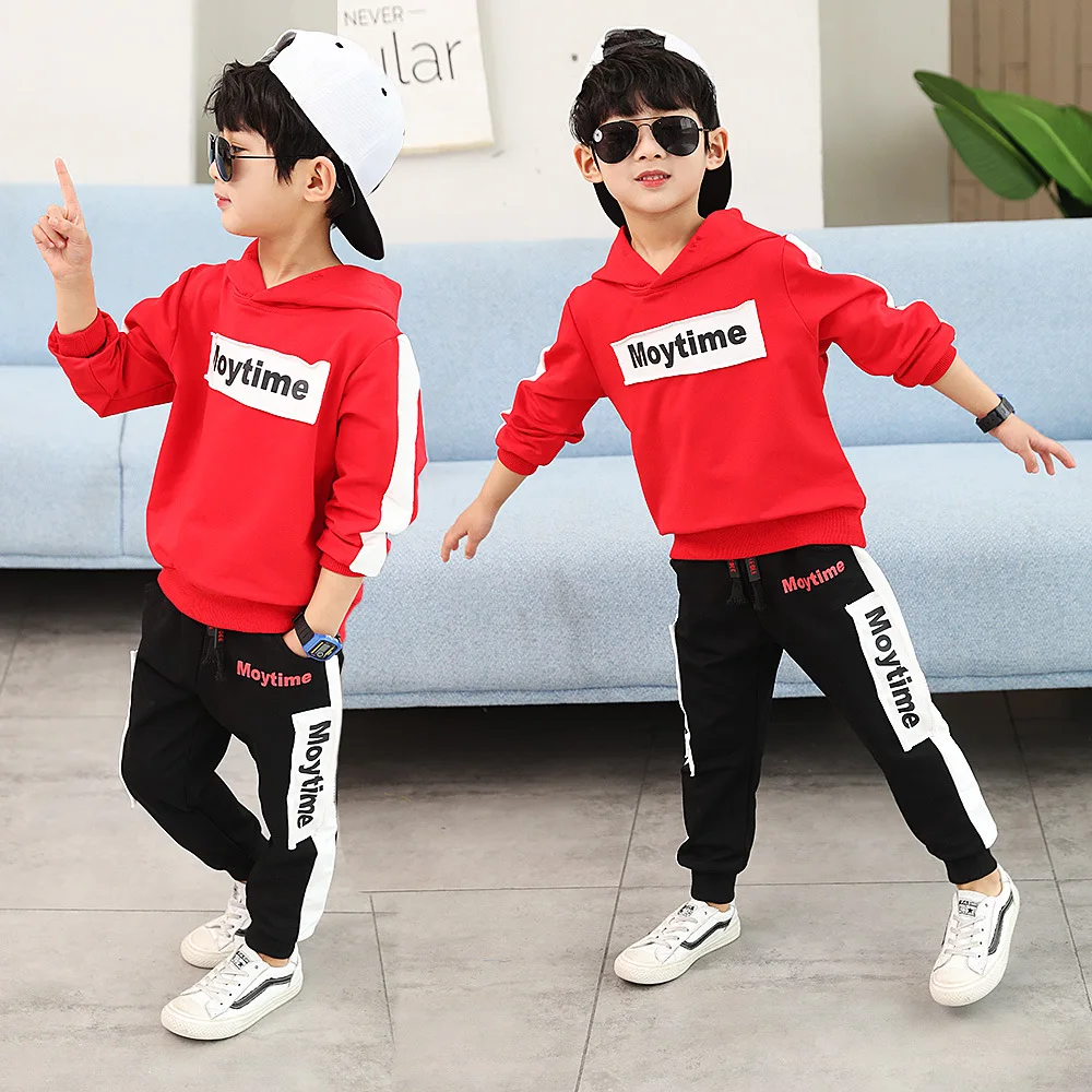 

BOY'S Suit Autumn 2019 Western Style New Style Childrenswear Big Virgin Boy Pure Cotton Hooded Two-Piece Set