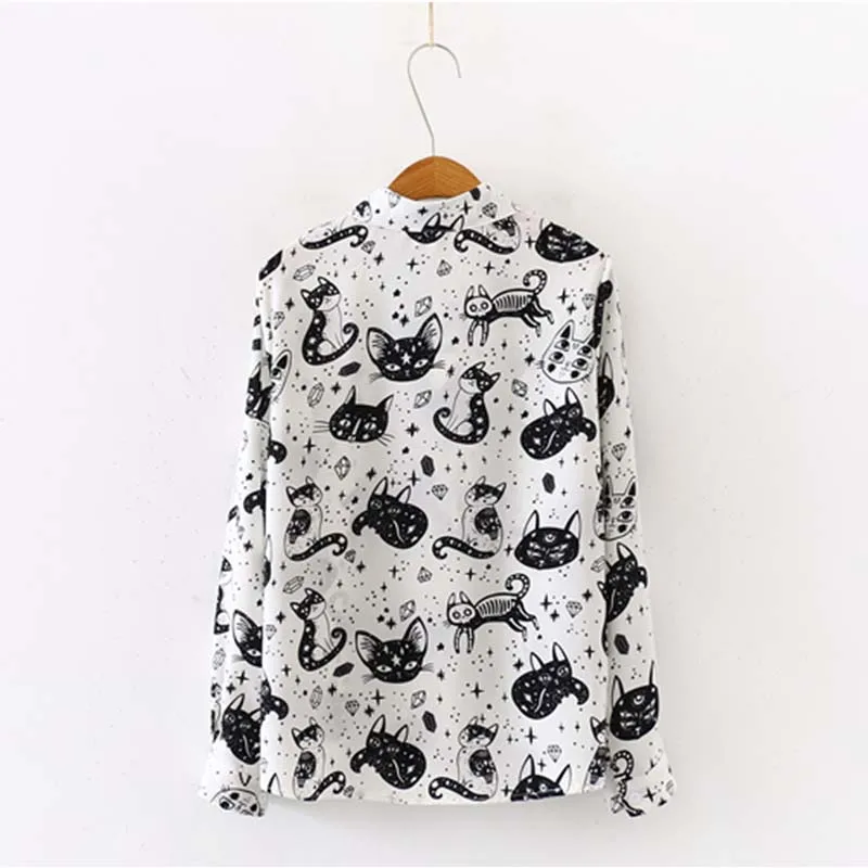  Plus Size Women Satin Cat Printed Shirt Kawaii Long Sleeve White Large Sizes Blouse Loose Casual La