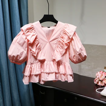 

Fashion Women Shirts Ruffled Solid Color Wild Cotton Wild Ladies Blouses and Tops Puffed Sleeves V-neck Summer New 2020