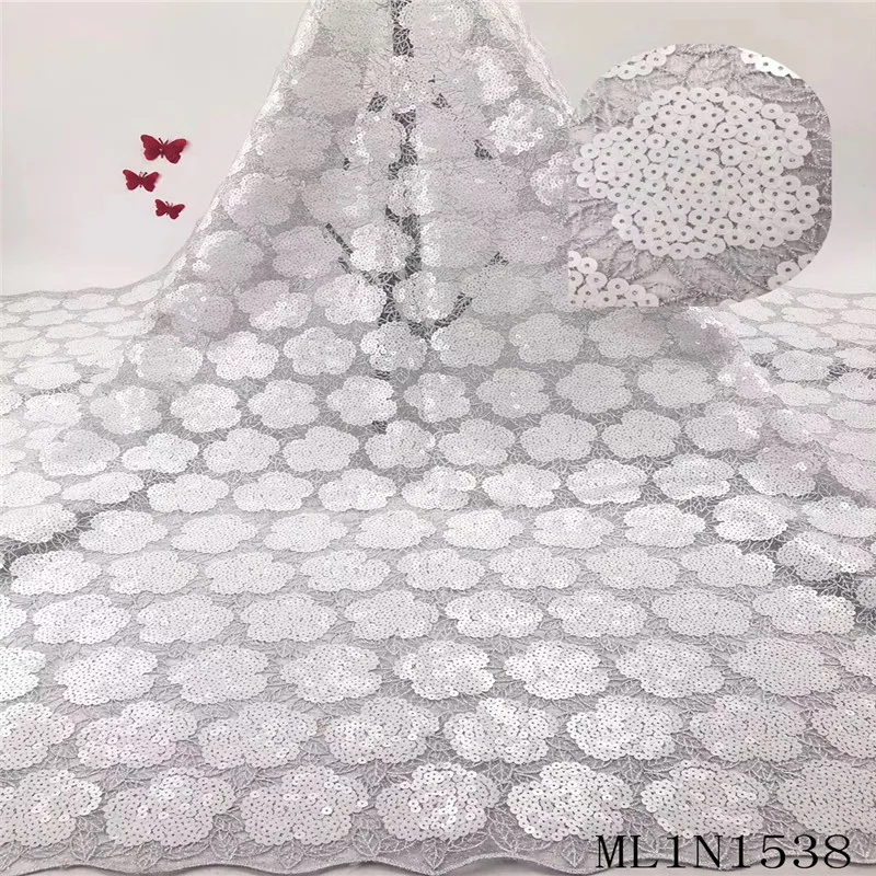 

Beautifical Nigerian lace fabrics with sequins embroidery flowers net lace fabric for dress 5yards tulle lace fabric ML1N1538