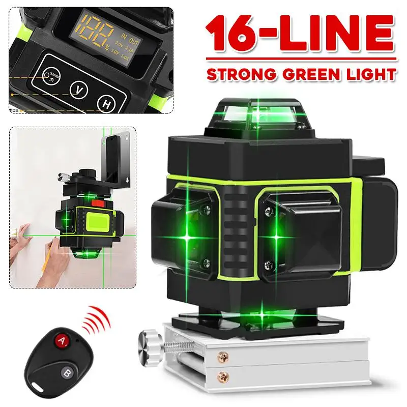 

Laser Level 16 Line Powerful Green Light 3D Remote Control Measure W/Wall Attachment Frame Self-Leveling System Green Beam Laser