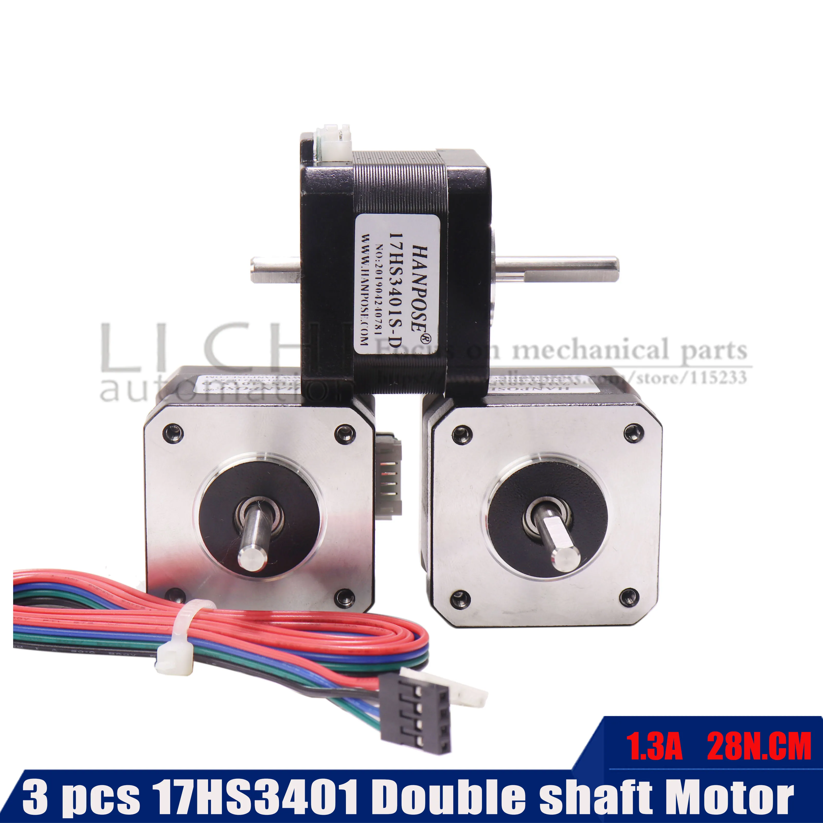 

Free shipping 3pcs Nema 17 Stepper Motor double shaft motor 42BYGH (17HS3401S) two aixs motor 4-lead for 3D printer
