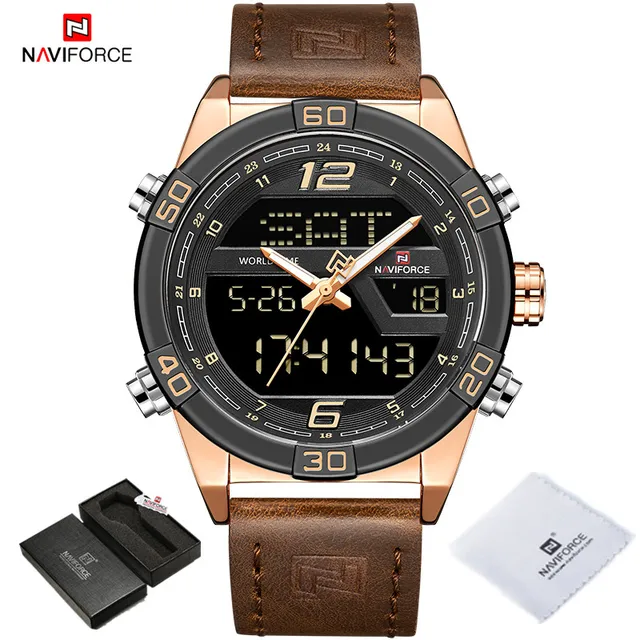 NAVIFORCE Luxury Gold Watches For Men Leather Band Waterproof Digital Alarm Sport WristWatch Man Military Dual Time Quartz Clock RGRGDBN BOX