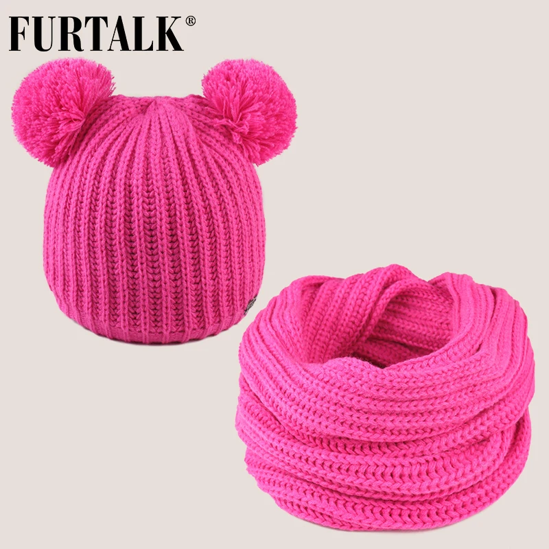 FURTALK детские зимние шапки и шарф, комплект для детей, теплая зимняя шапочка для малыша с двойным помпоном, флисовая вязаная шапочка и шарф