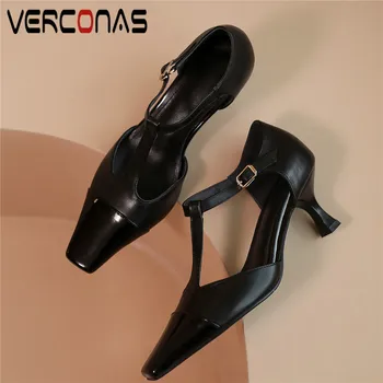 

VERCONAS Women T-Strap Genuine Leather Lace Up Square Toe Thick Heels Working Shoes Brand Design Sandals Elegant Shoes Woman