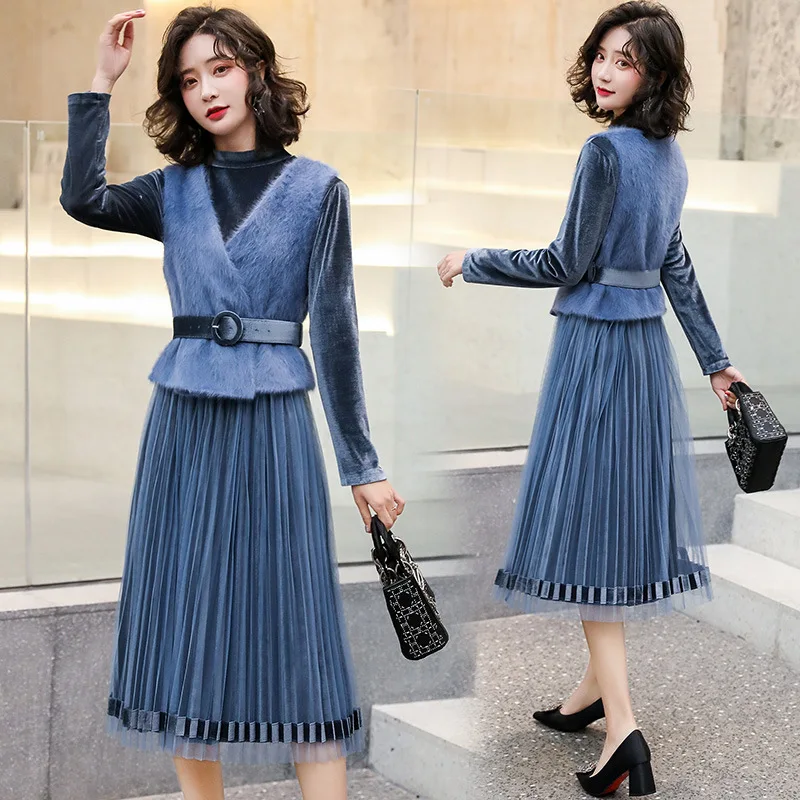 

Two-Piece Set Gold Velvet Dress Long Sleeve 2020 Spring Clothing New Style Elegant Western Style Pleated Gauze Vest Dress Outfit
