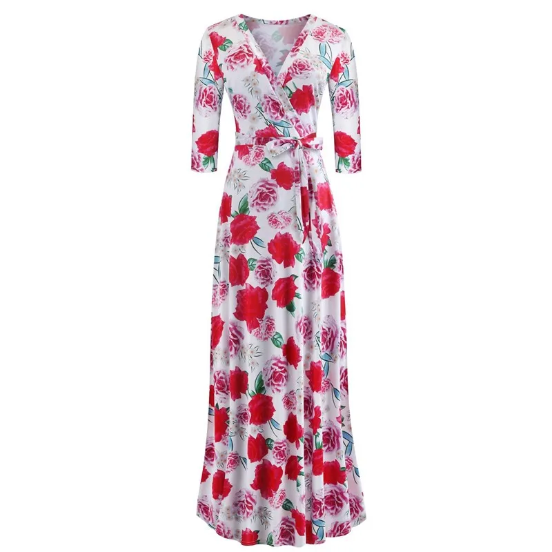 Oufisun Spring Sexy Deep V Neck Women's Dress Bohemia Tunic Maxi Dresses Elegant Vintage Flowers Print Dress Vestidos Plus Size