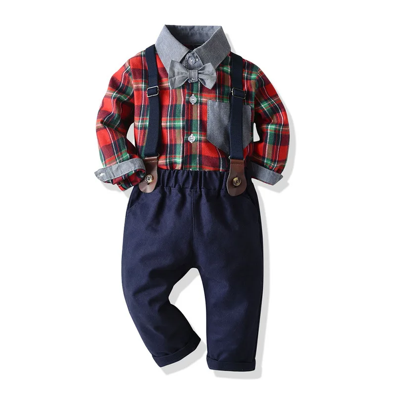 

Hot Selling England Plaid Shirt Contrast Color Patch Pocket Bow Suspender Pants Pieces of Sets