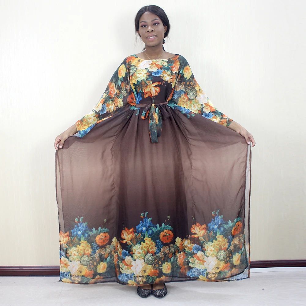 Dashikiage African Dashiki Fashion Sexy Brown Chiffon Soft Loose Flower Printed Elegant Women Dress | Тематическая одежда и